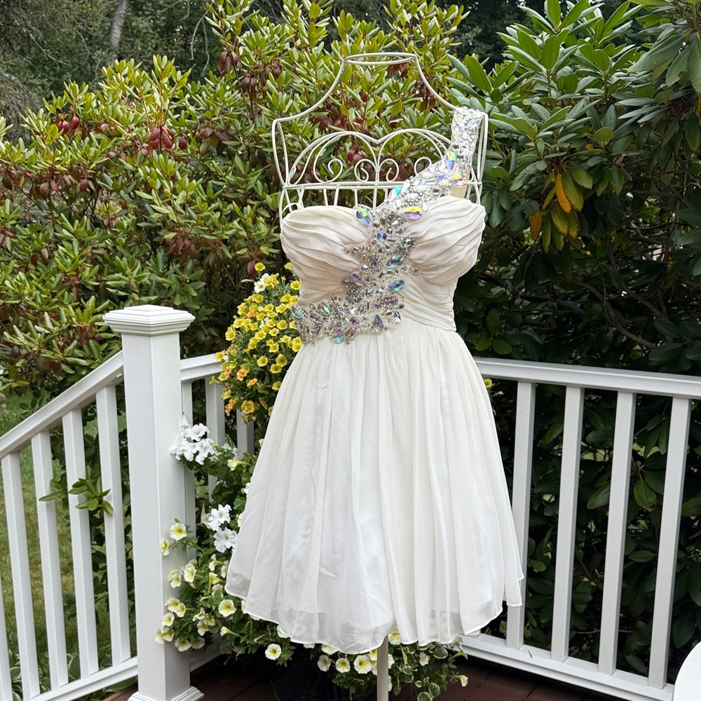 Deb White One Shoulder Dress with Silver Accents